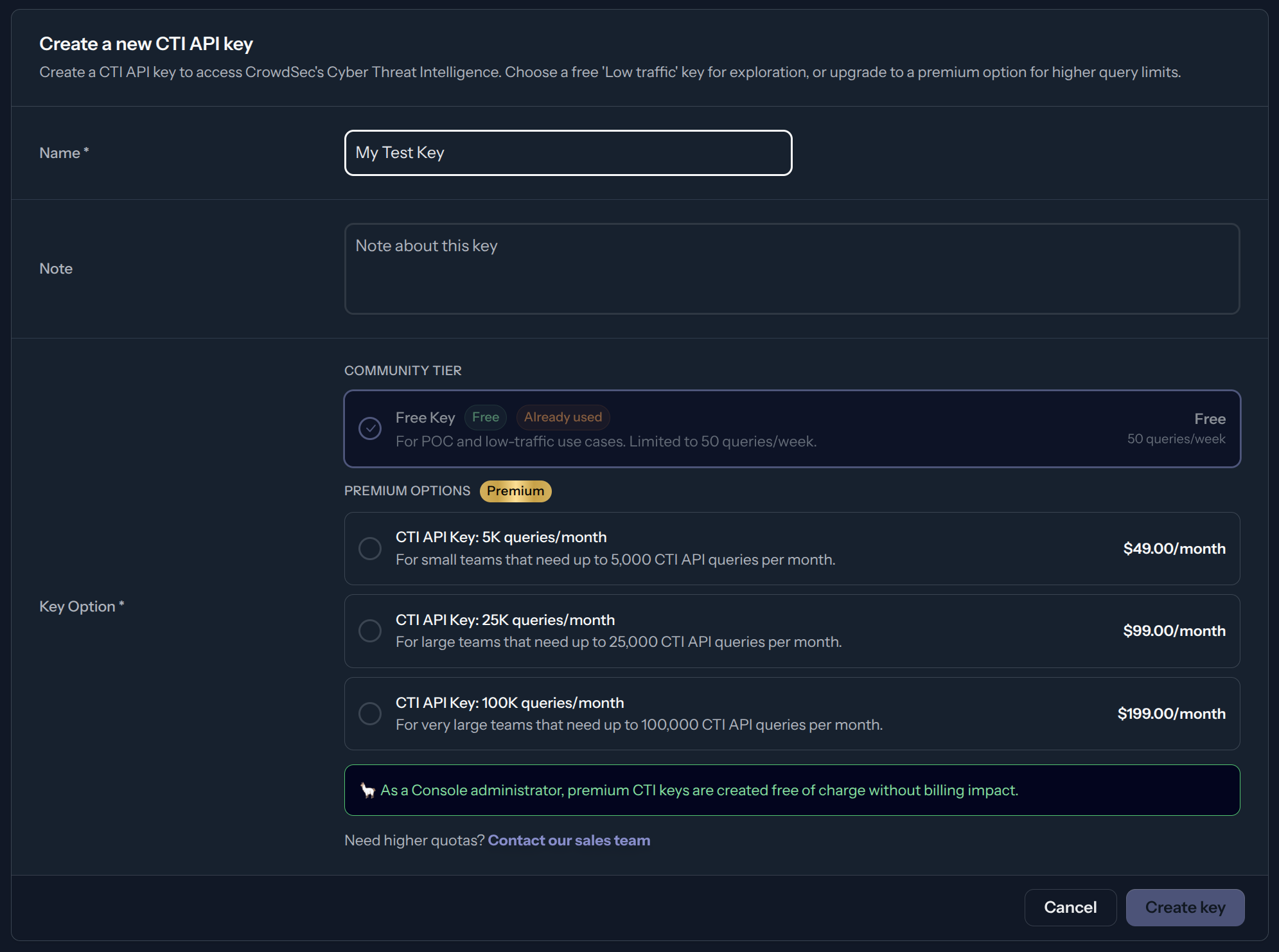 CrowdSec Create API Key Page