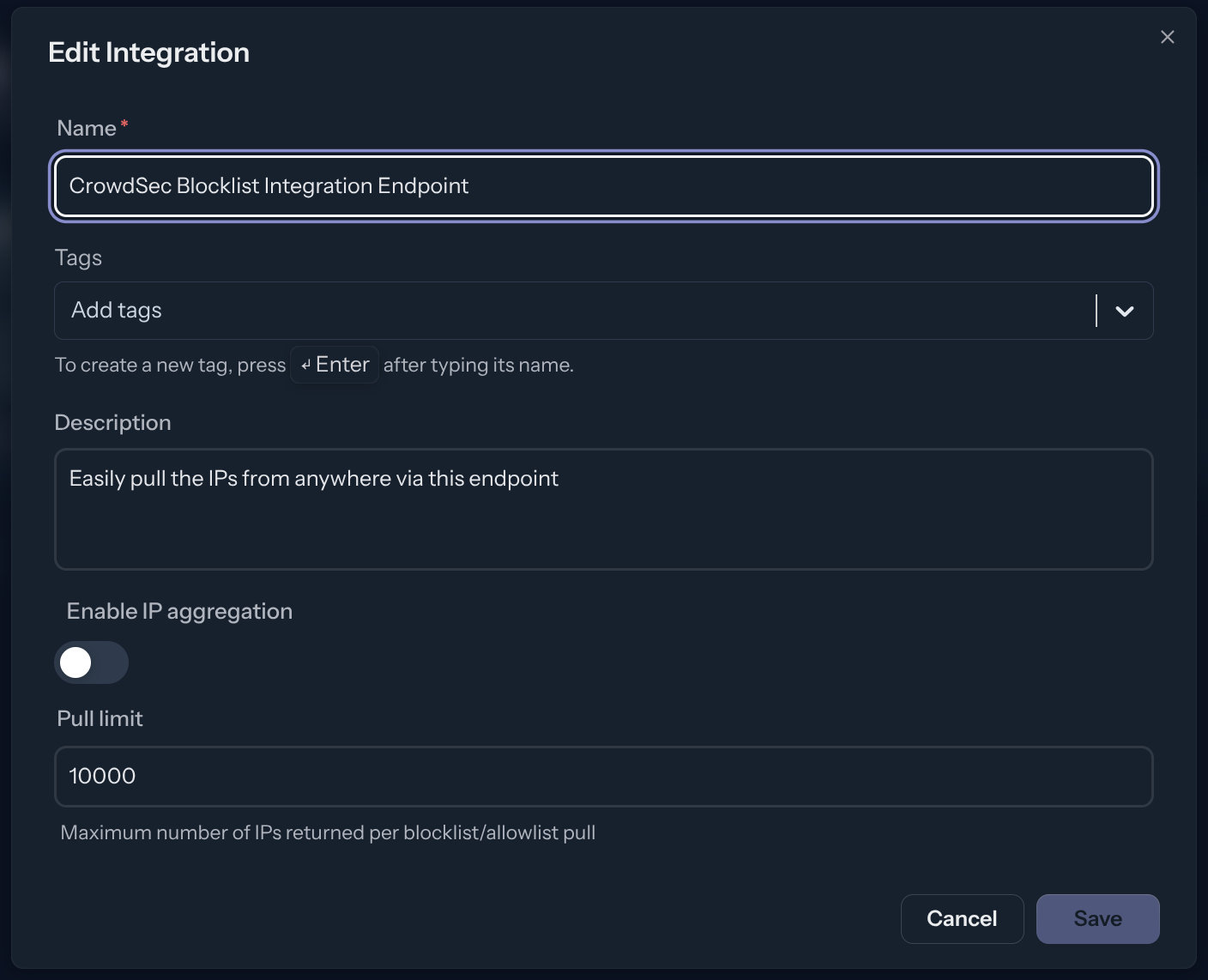 Integration Creation Screen