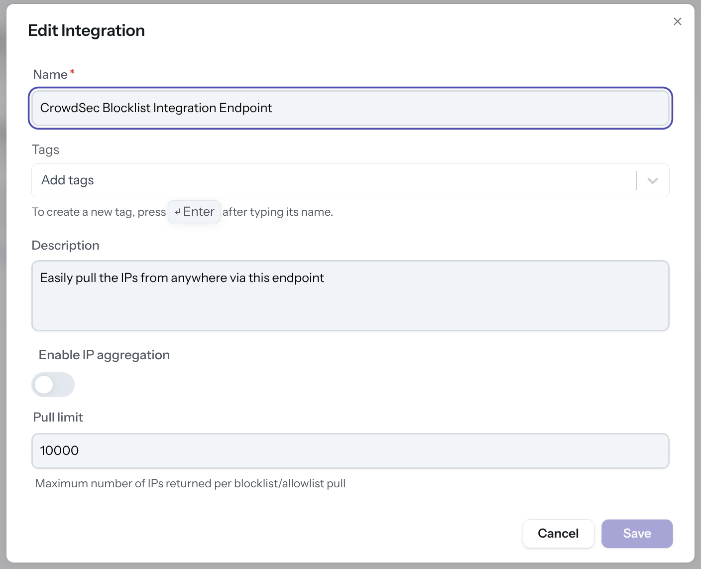 Integration Creation Screen
